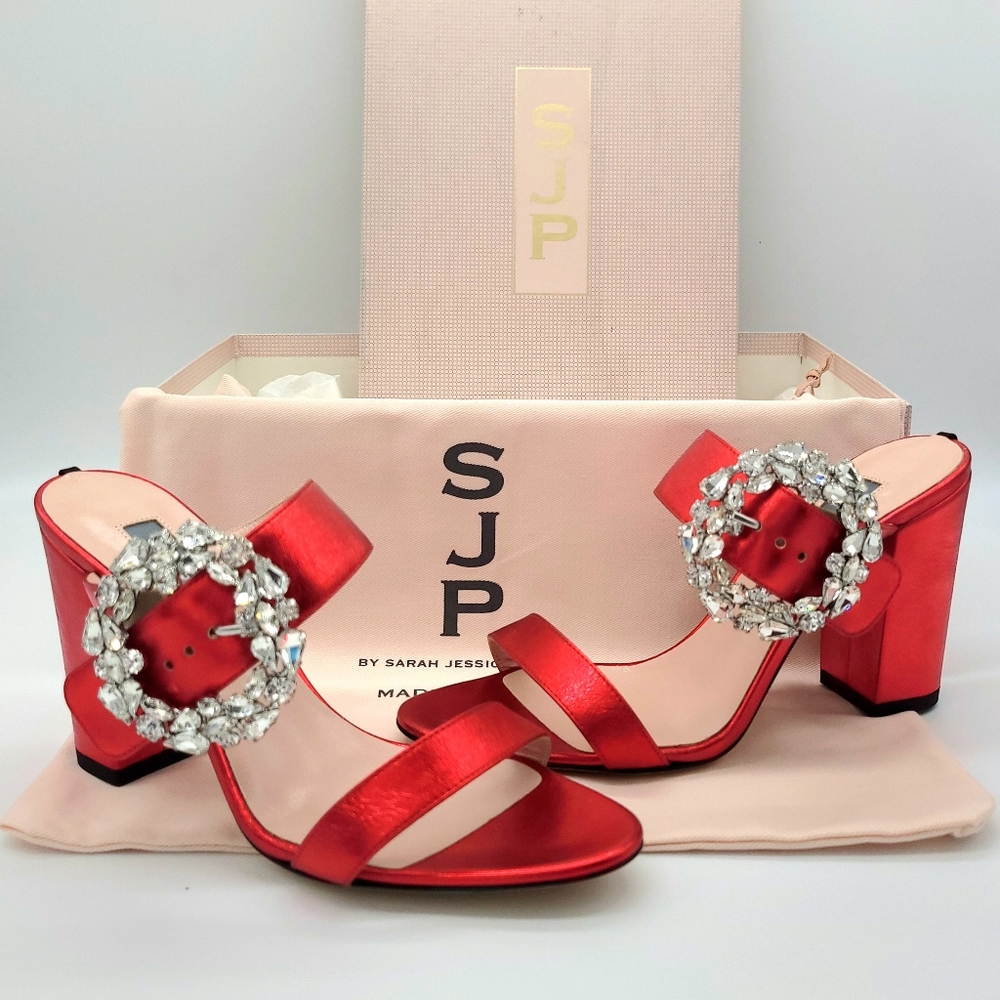 Red Women's Heels with Crystal Embellishments